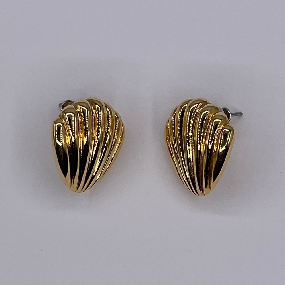 Vintage Earrings Shell Gold Tone Studs Weingeroff Art Deco Pierced Retro Jewelry - Picture 3 of 8